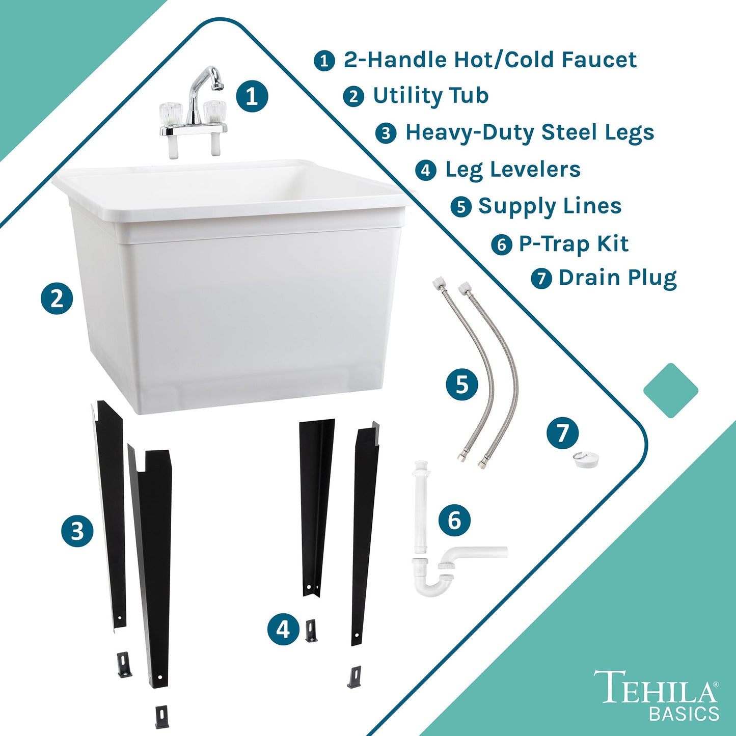 Tehila Basics Freestanding White Utility Sink with Chrome Finish Dual Handle Utility Faucet