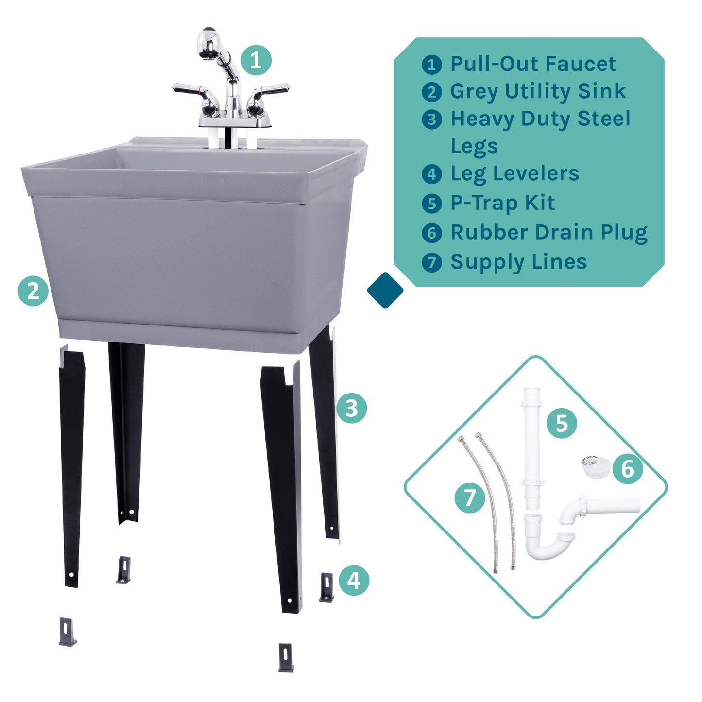 Tehila Standard Freestanding Grey Utility Sink with Chrome Finish Pull-Out Faucet