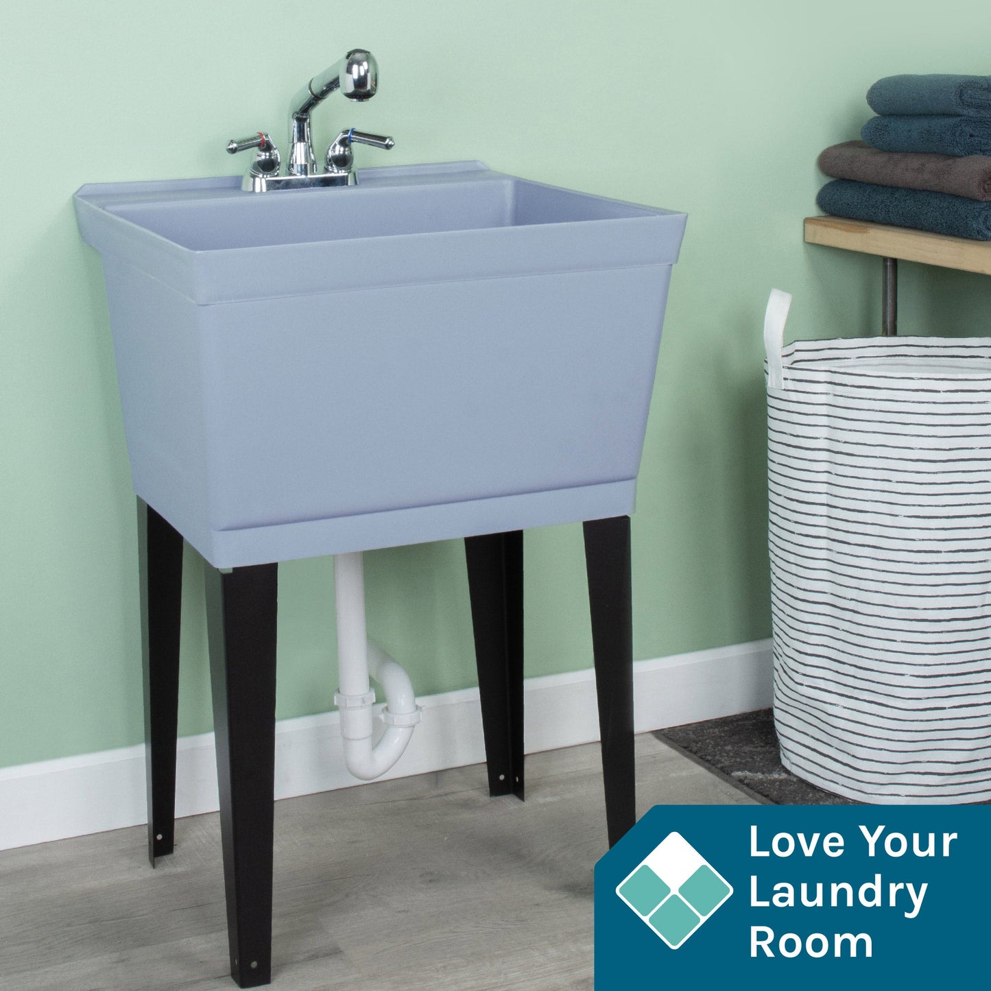 Tehila Standard Freestanding Grey Utility Sink with Chrome Finish Pull-Out Faucet