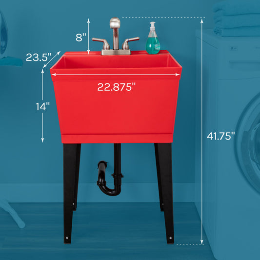 Tehila Standard Freestanding Red Utility Sink with Stainless Steel Finish Pull-Out Faucet