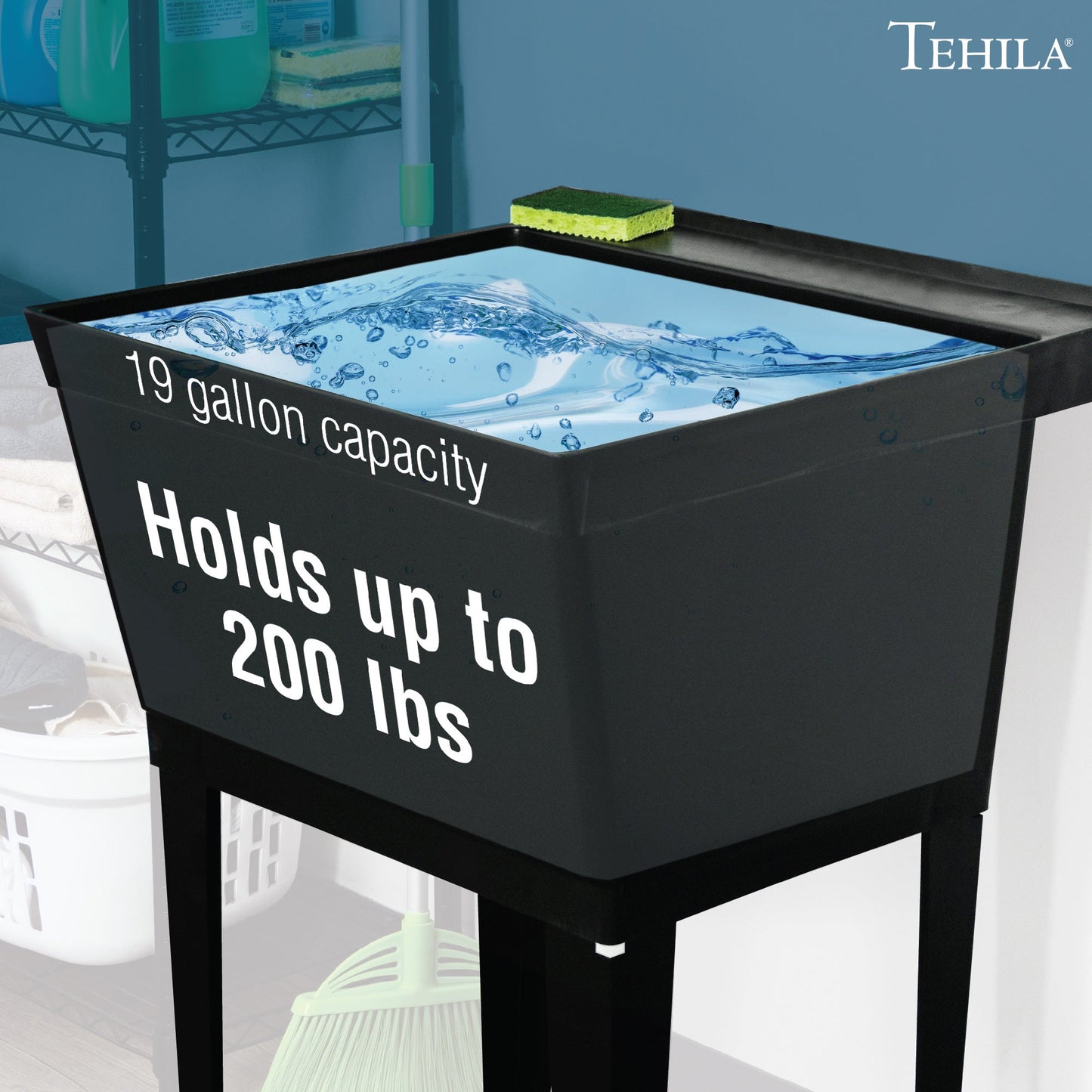 Tehila Standard Freestanding Black Utility Sink with Black Legs, No Supply Lines