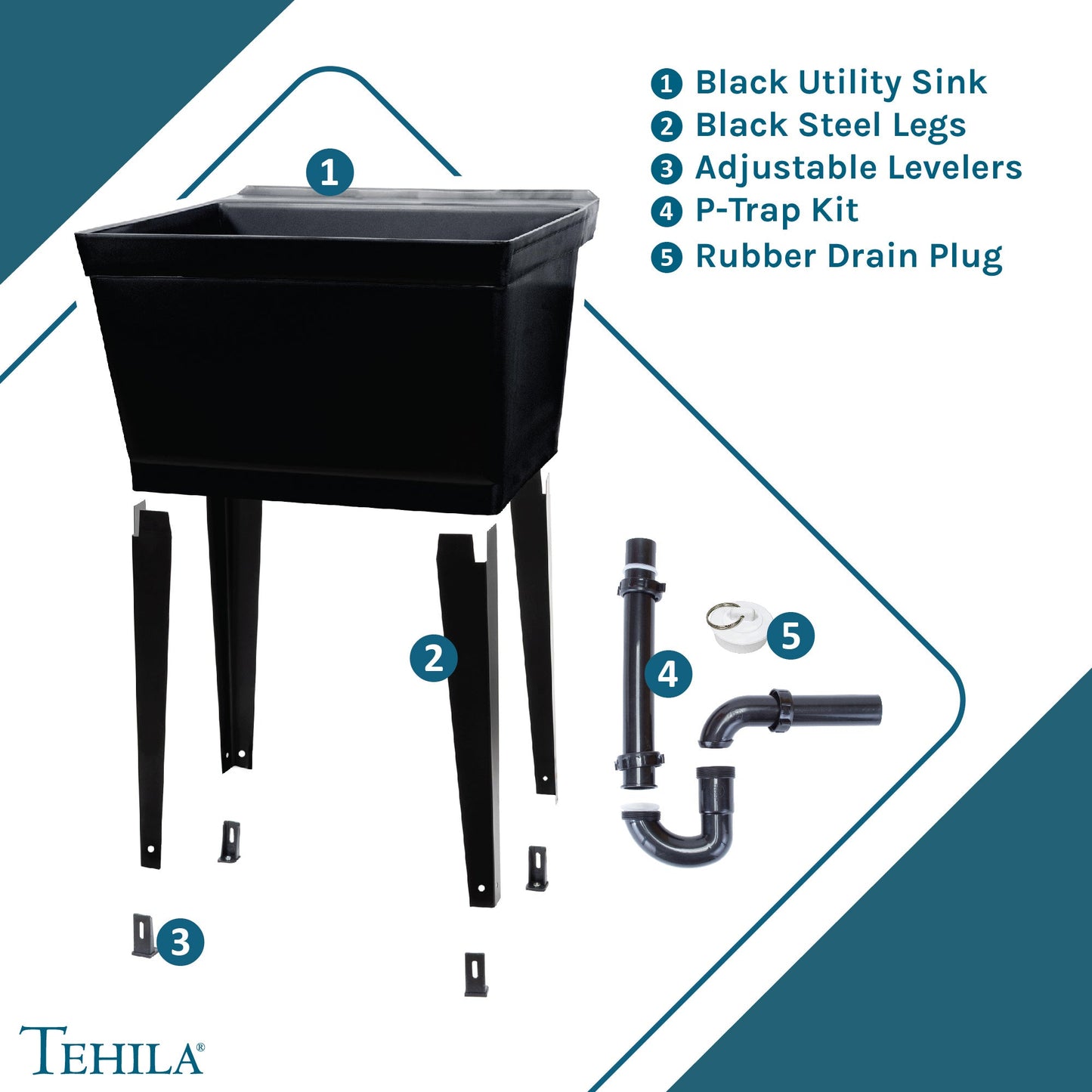 Tehila Standard Freestanding Black Utility Sink with Black Legs, No Supply Lines