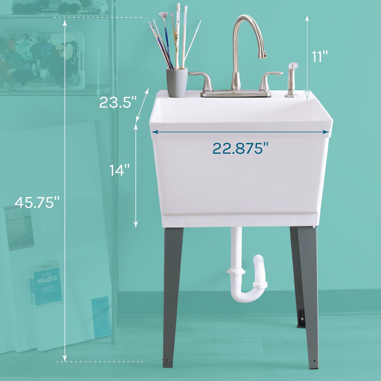 Tehila Standard Freestanding White Utility Sink with Grey Legs and Stainless Steel Finish Wide-set Gooseneck Faucet with Side Sprayer