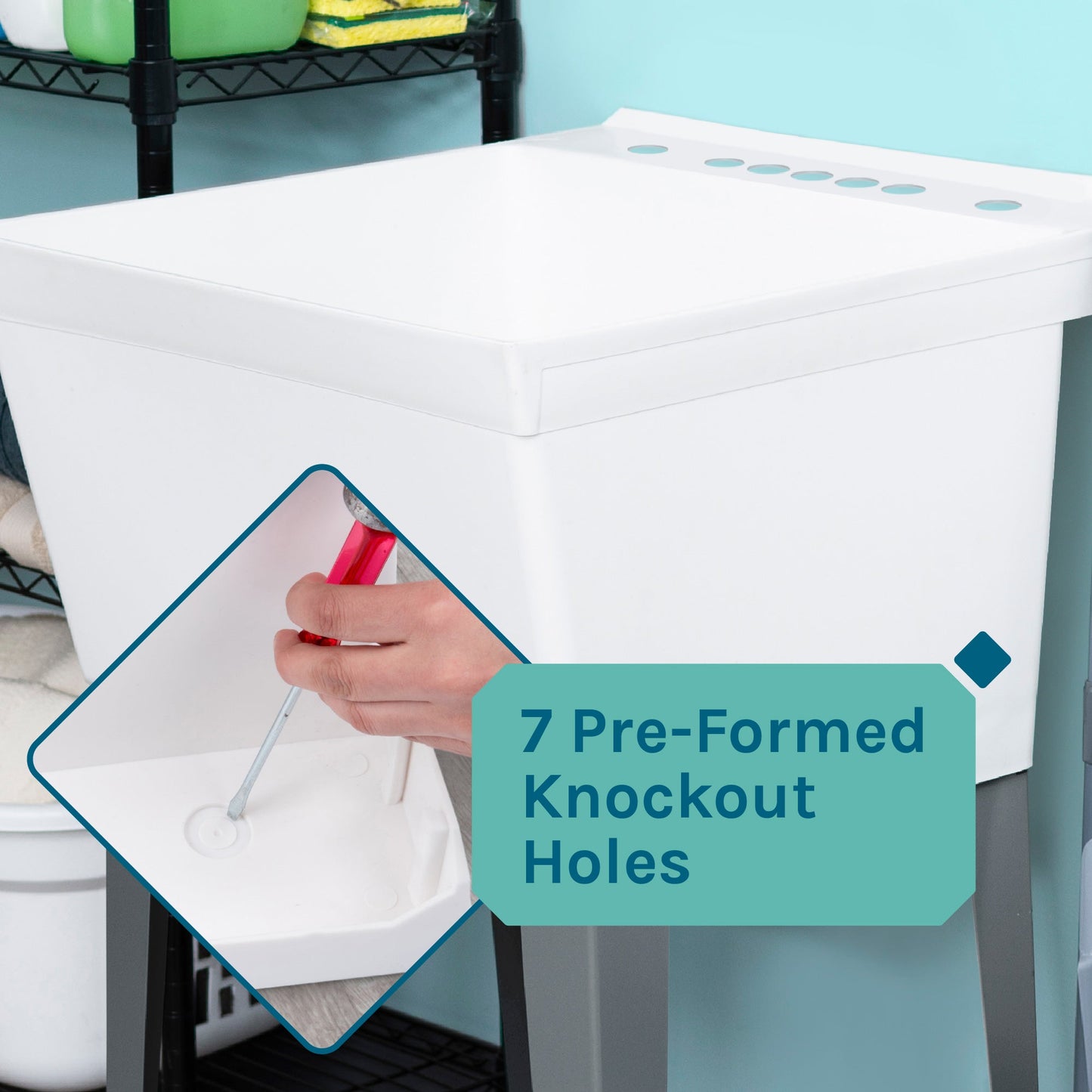 Tehila Standard Freestanding White Utility Sink with Grey Legs and Chrome Finish Wide-set Gooseneck Faucet with Side Sprayer