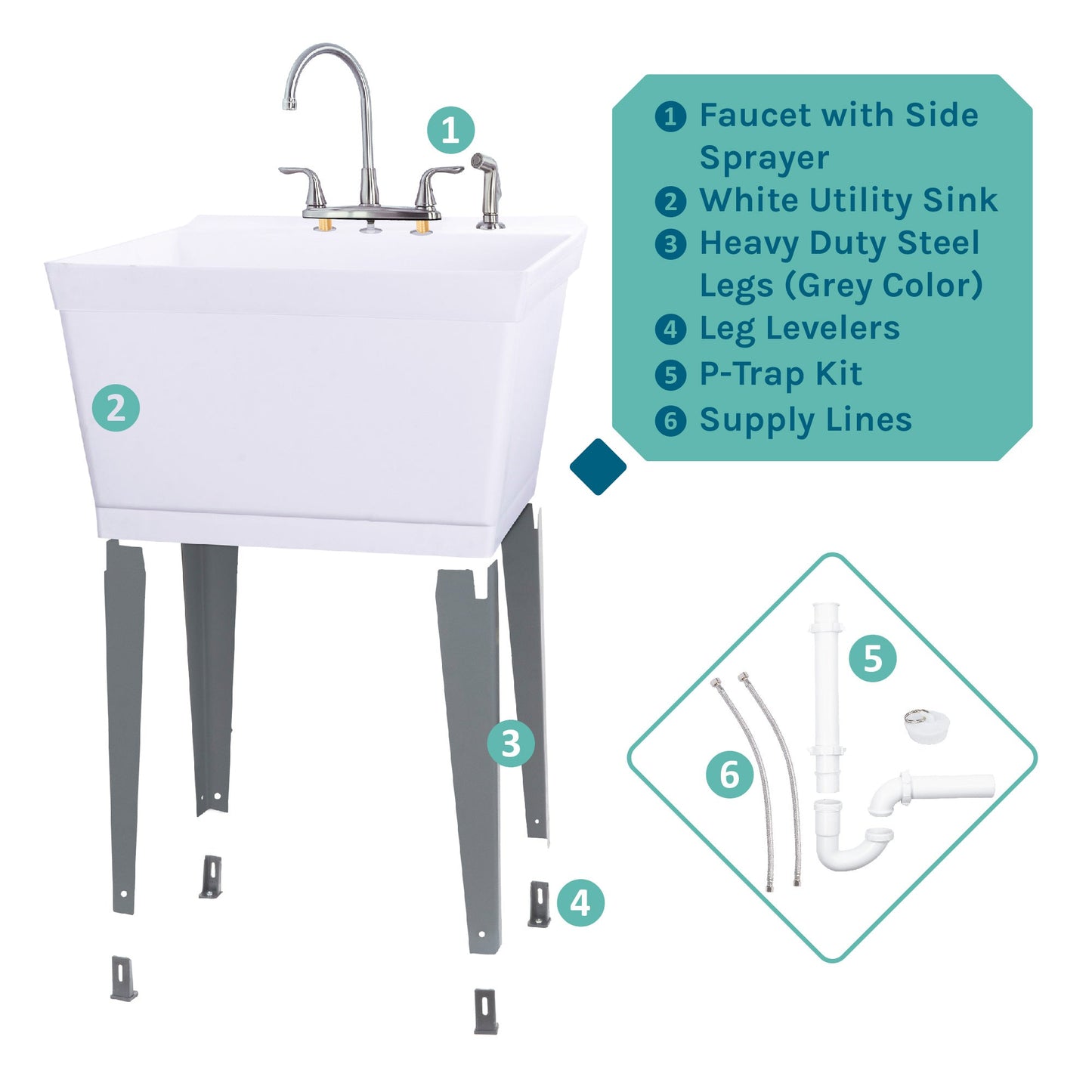 Tehila Standard Freestanding White Utility Sink with Grey Legs and Chrome Finish Wide-set Gooseneck Faucet with Side Sprayer