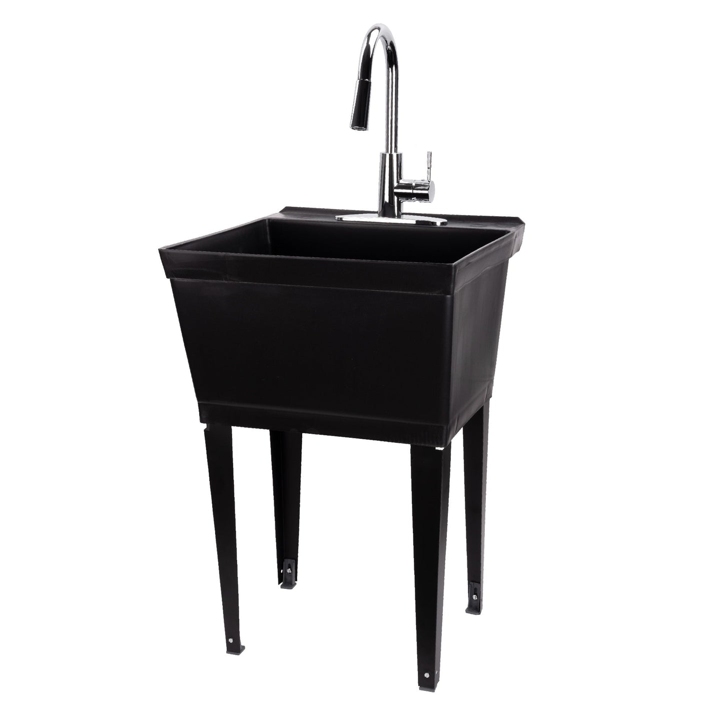 Tehila Standard Freestanding Black Utility Sink with Chrome Finish High-Arc Pull-Down Faucet