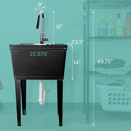 Tehila Standard Freestanding Black Utility Sink with Chrome Finish High-Arc Pull-Down Faucet