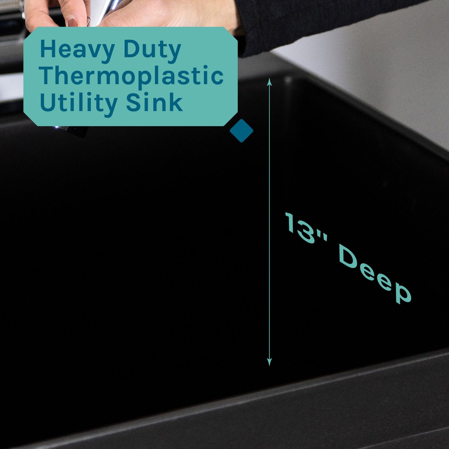 Tehila Standard Freestanding Black Utility Sink with Chrome Finish High-Arc Pull-Down Faucet