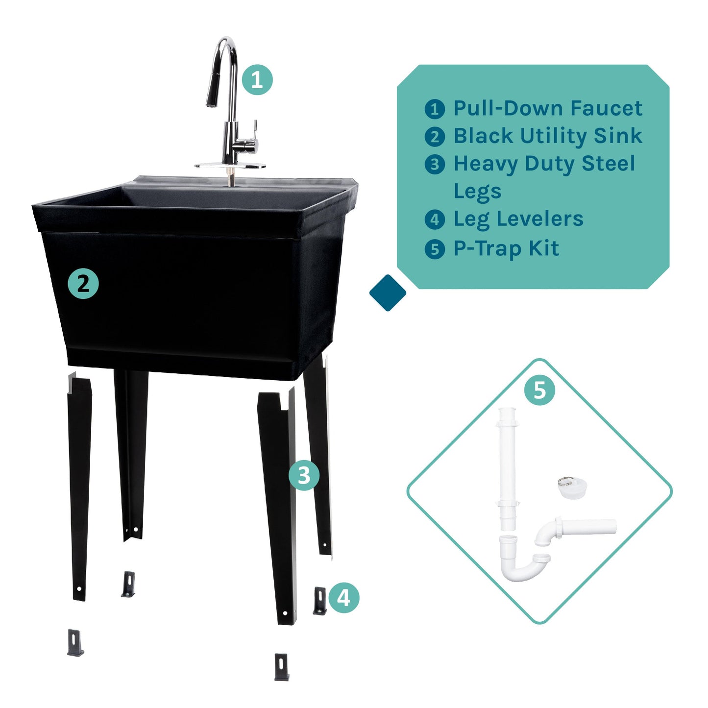 Tehila Standard Freestanding Black Utility Sink with Chrome Finish High-Arc Pull-Down Faucet