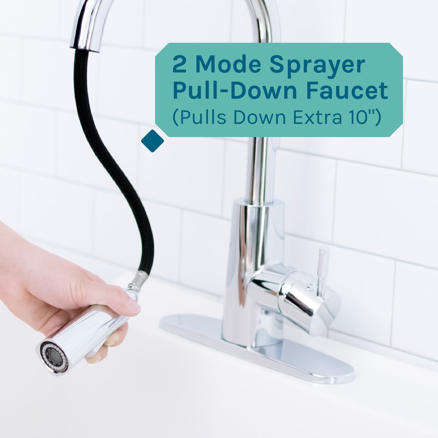 Tehila Standard Freestanding White Utility Sink with Chrome Finish High-Arc Pull-Down Faucet