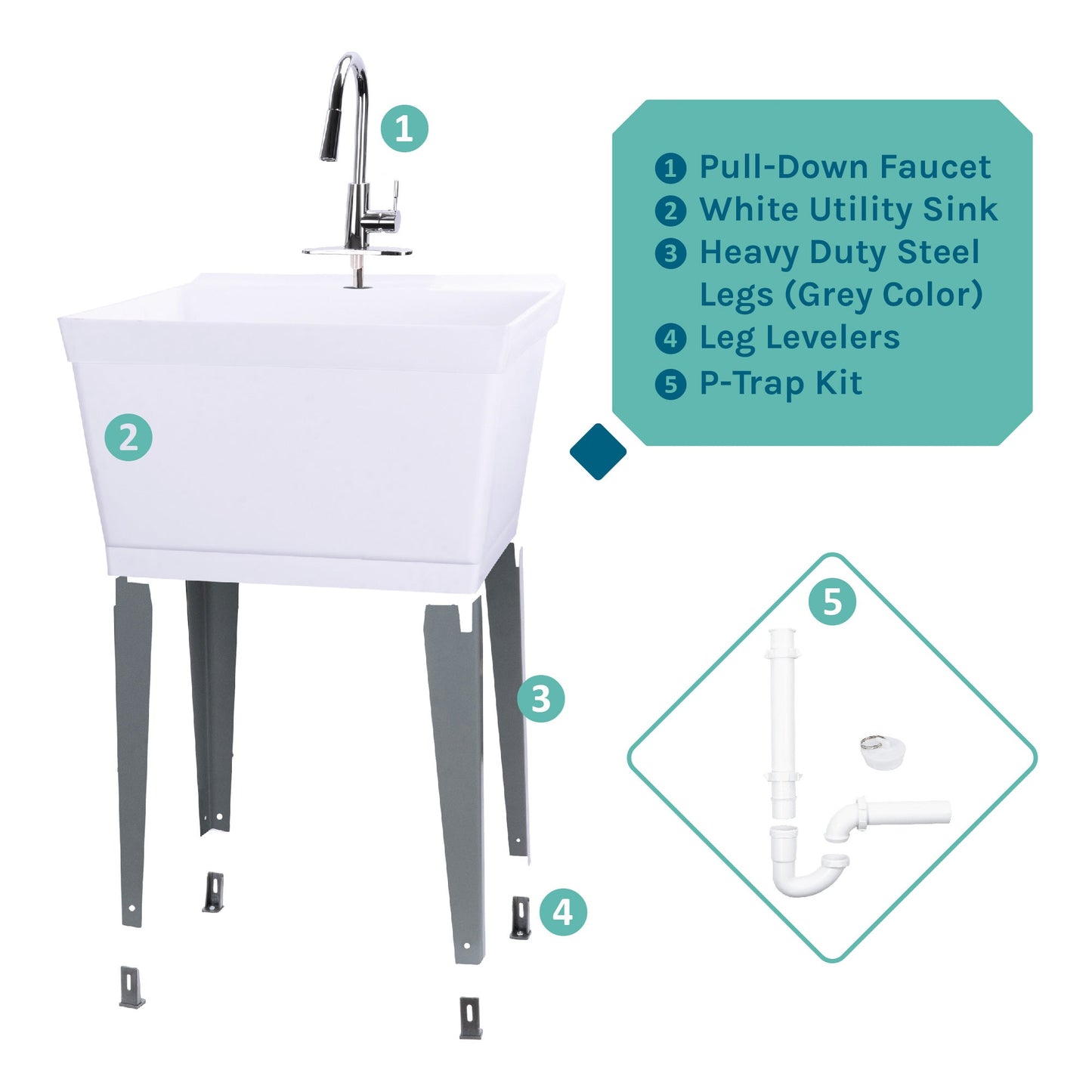 Tehila Standard Freestanding White Utility Sink with Chrome Finish High-Arc Pull-Down Faucet