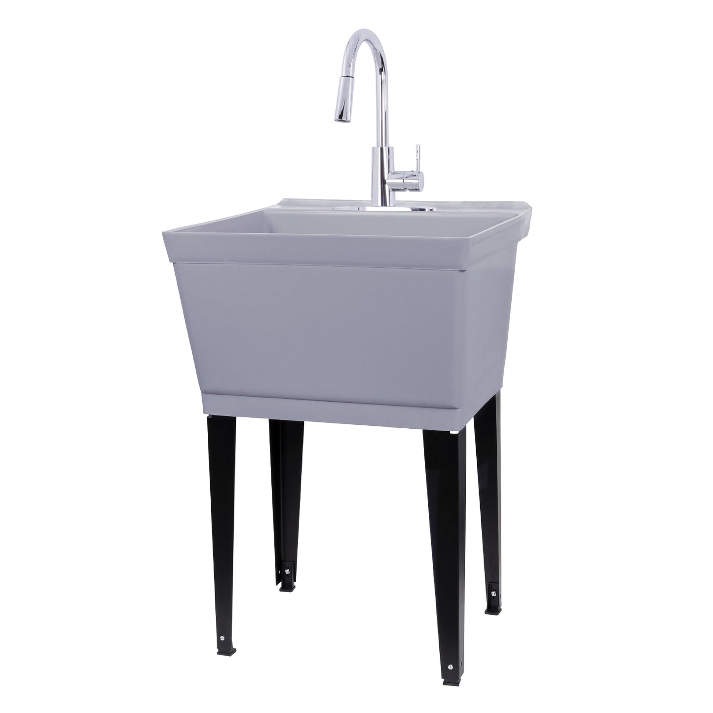 Tehila Standard Freestanding Grey Utility Sink with Chrome Finish High-Arc Pull-Down Faucet