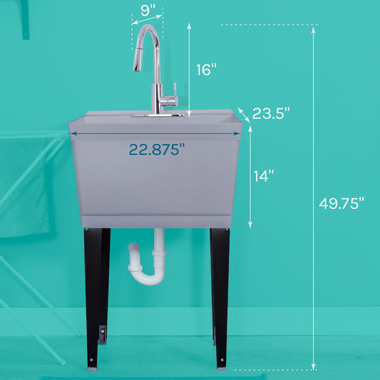 Tehila Standard Freestanding Grey Utility Sink with Chrome Finish High-Arc Pull-Down Faucet