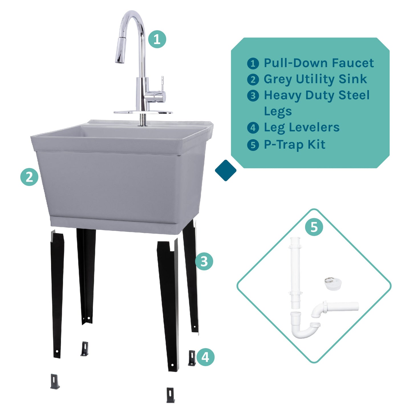 Tehila Standard Freestanding Grey Utility Sink with Chrome Finish High-Arc Pull-Down Faucet