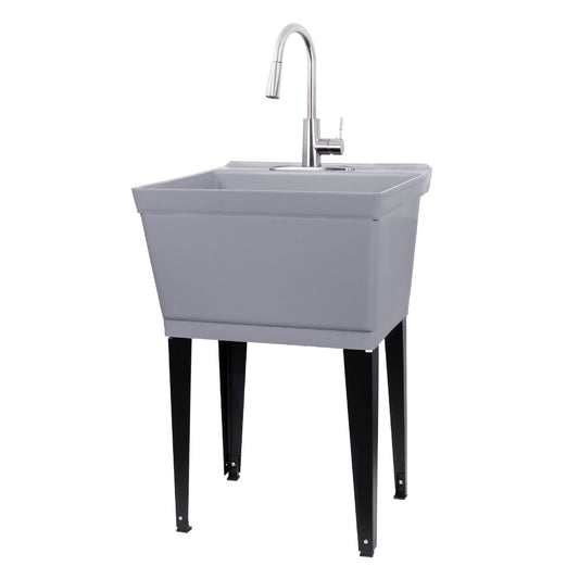 Tehila Standard Freestanding Grey Utility Sink with Stainless Steel Finish High-ArcPull-Down Faucet