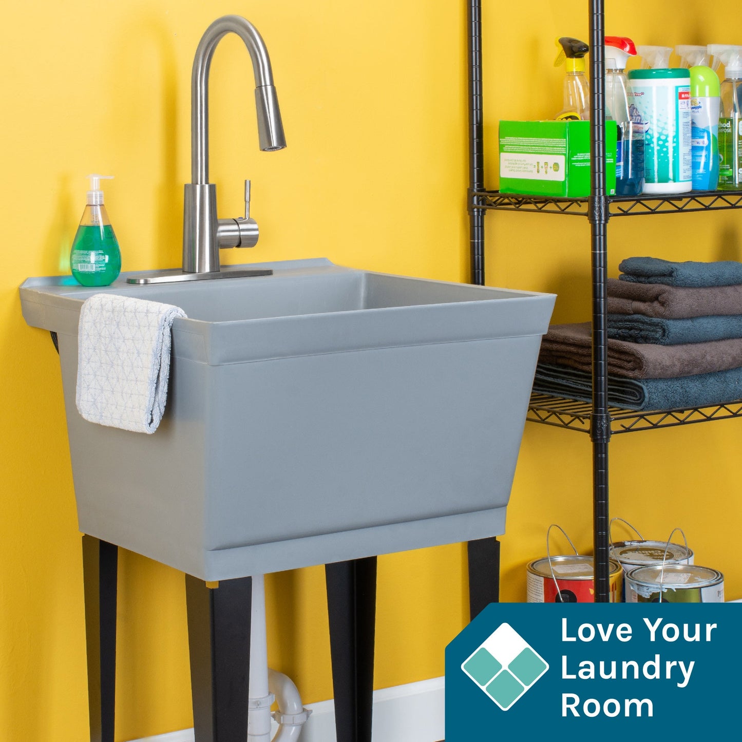 Tehila Standard Freestanding Grey Utility Sink with Stainless Steel Finish High-ArcPull-Down Faucet