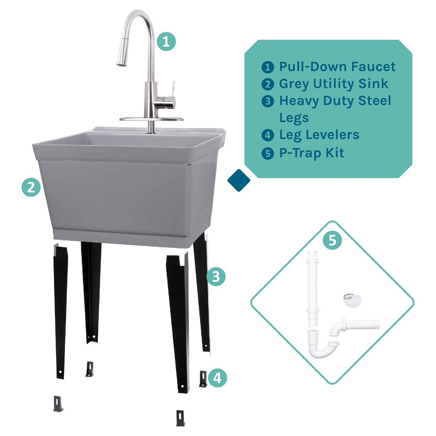 Tehila Standard Freestanding Grey Utility Sink with Stainless Steel Finish High-ArcPull-Down Faucet