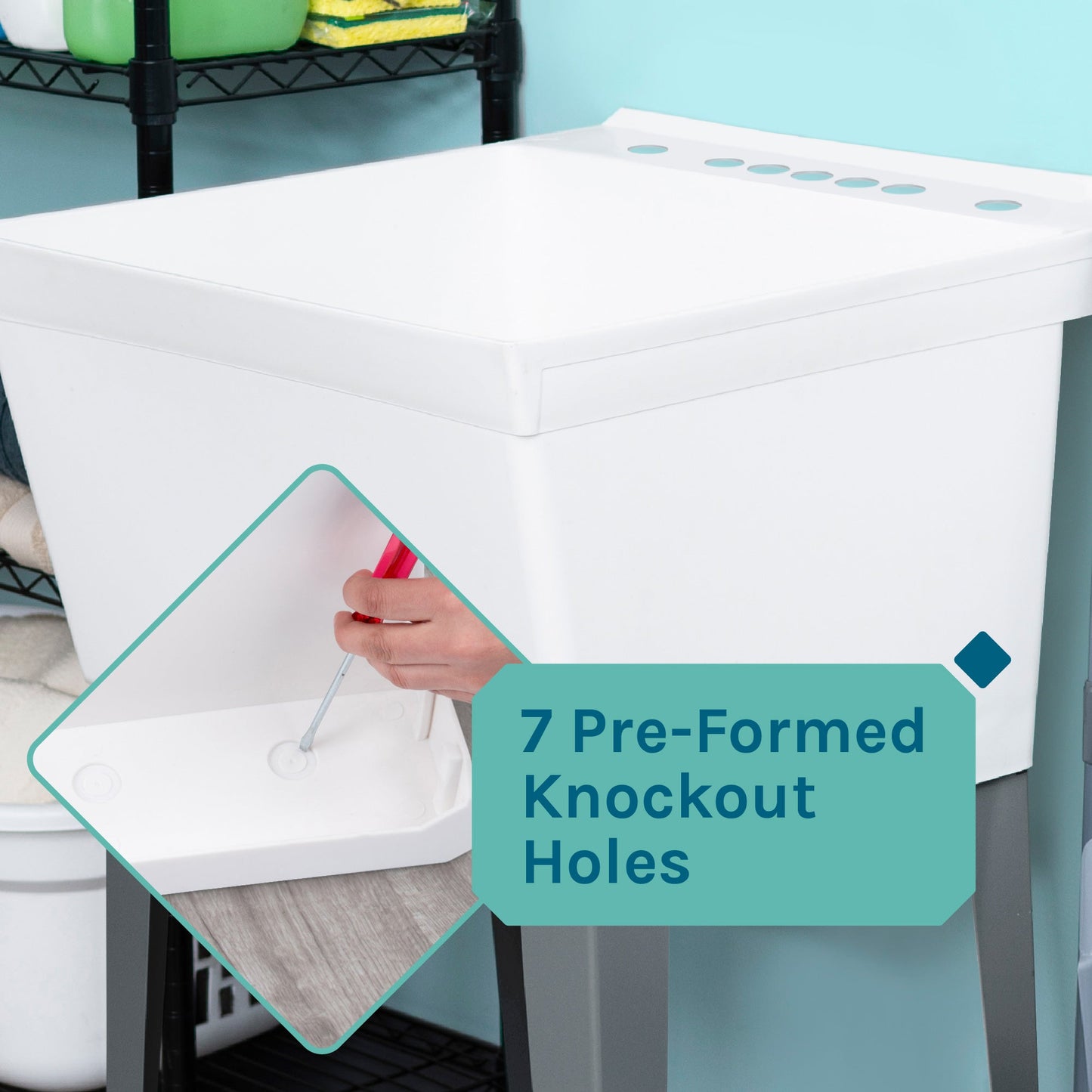 Tehila Standard Freestanding White Utility Sink with Stainless Steel Finish High-Arc Pull-Down Faucet