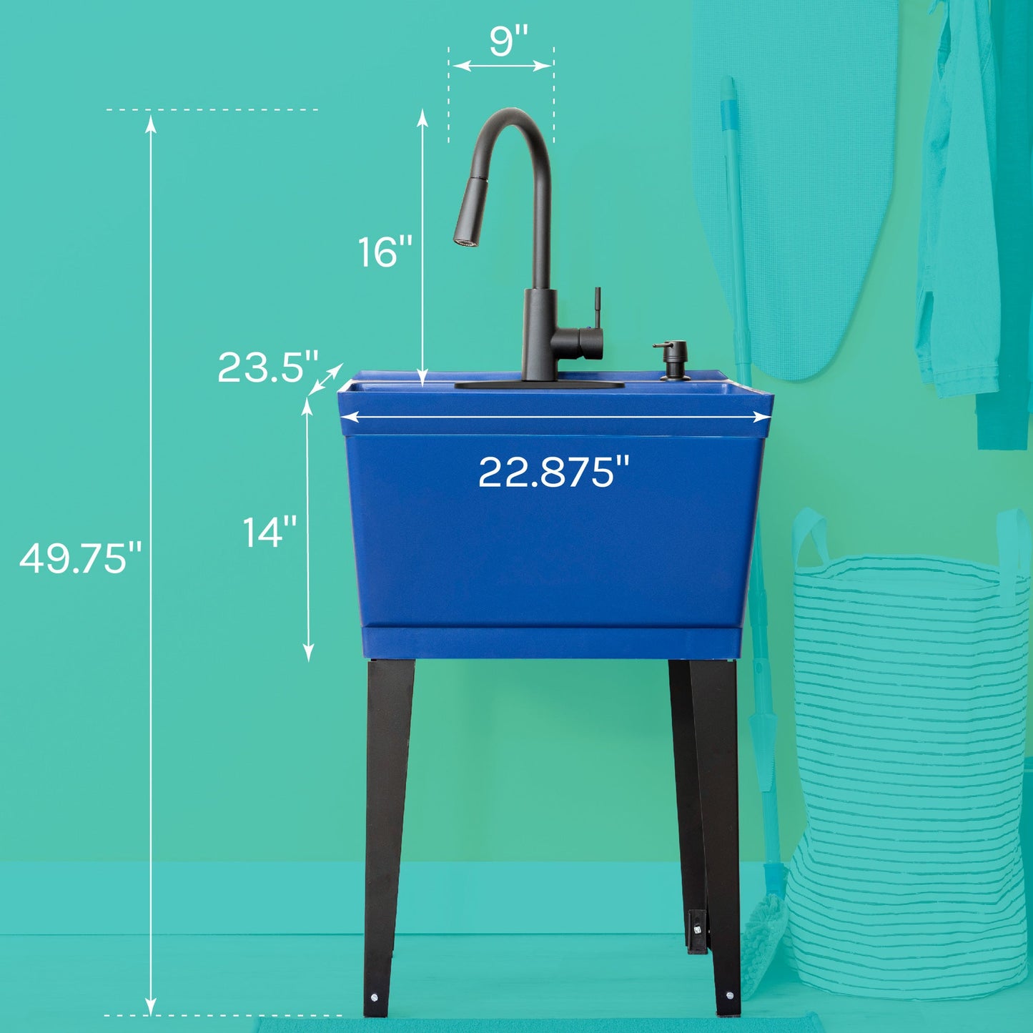 Tehila Standard Freestanding Blue Utility Sink with Black Finish High-Arc Pull-Down Faucet and Soap Dispenser