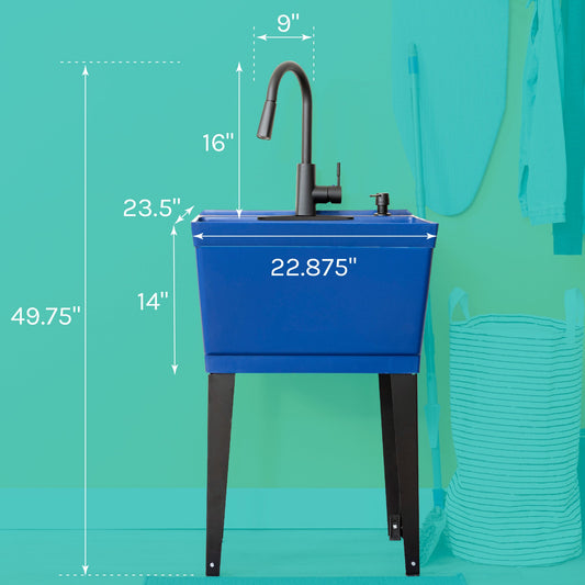 Tehila Standard Freestanding Blue Utility Sink with Black Finish High-Arc Pull-Down Faucet and Soap Dispenser