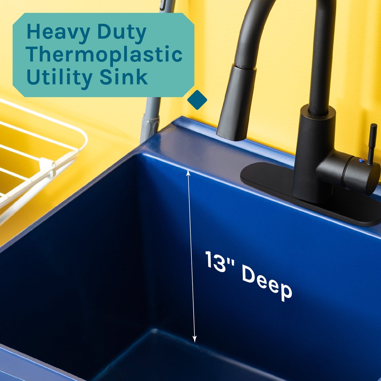 Tehila Standard Freestanding Blue Utility Sink with Black Finish High-Arc Pull-Down Faucet and Soap Dispenser