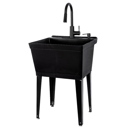 Tehila Standard Freestanding Black Utility Sink with Black Finish High-Arc Pull-Down Faucet and Soap Dispenser