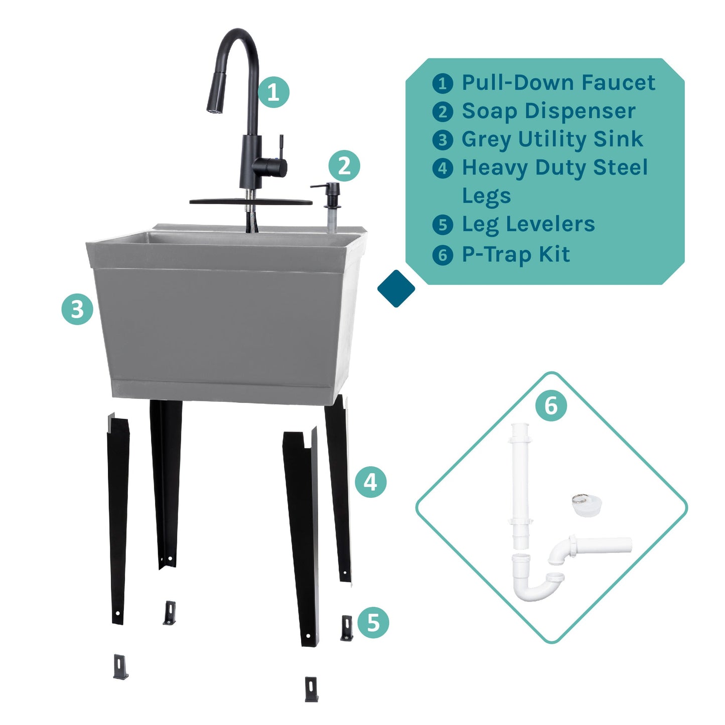 Tehila Standard Freestanding Grey Utility Sink with Black Finish High-Arc Pull-Down Faucet and Soap Dispenser