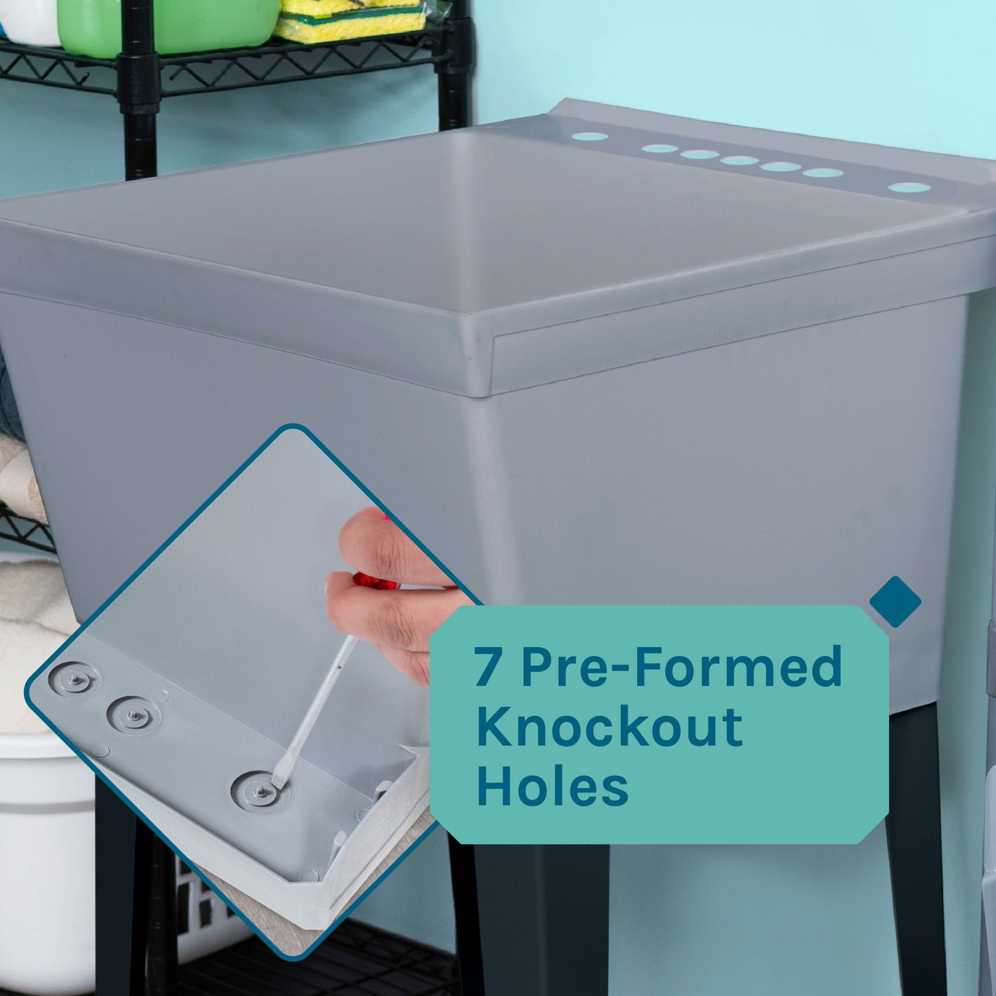 Tehila Standard Freestanding Grey Utility Sink with Black Finish High-Arc Pull-Down Faucet and Soap Dispenser