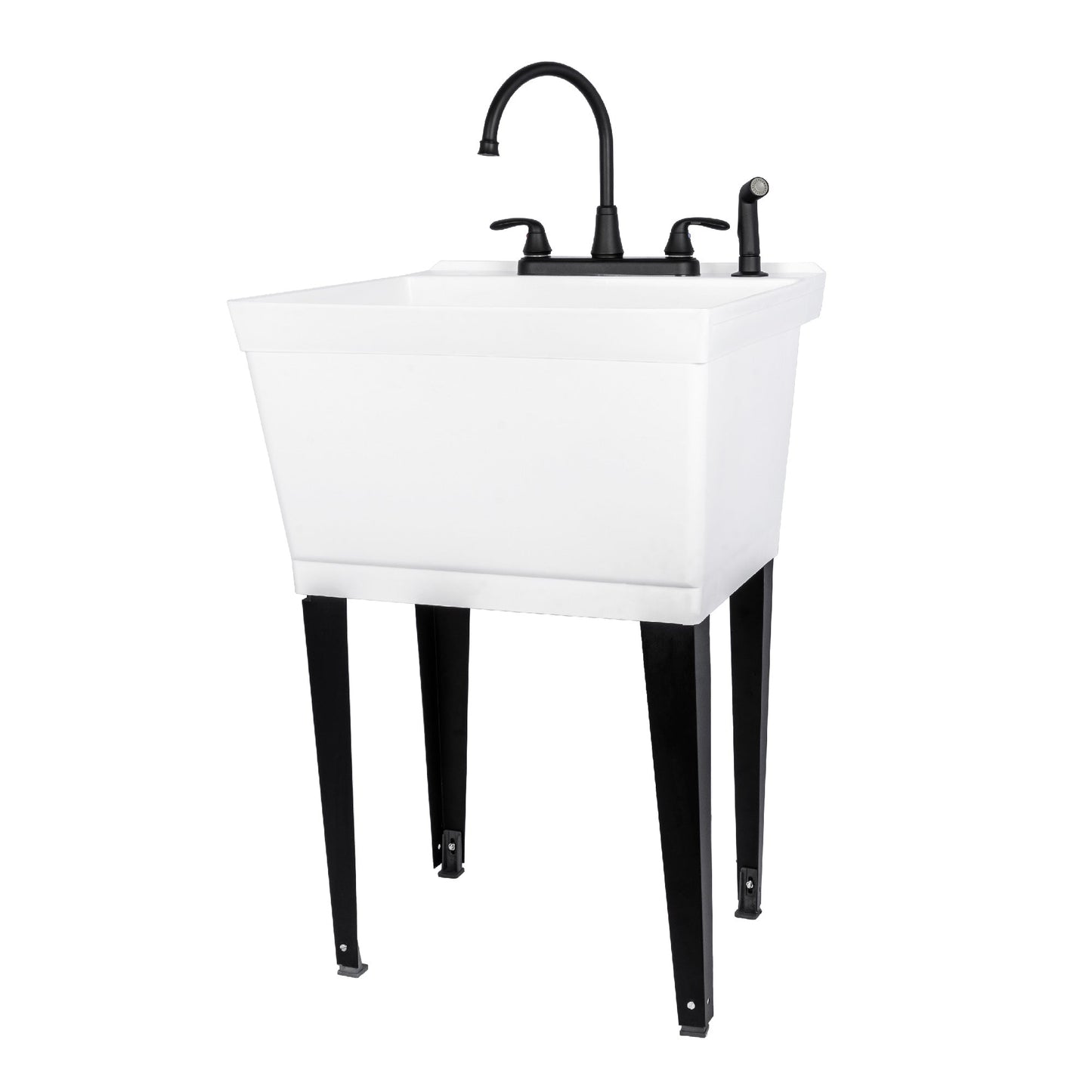 Tehila Standard Freestanding White Utility Sink with Black Legs and Black Finish Wide-set Gooseneck Faucet with Side Sprayer