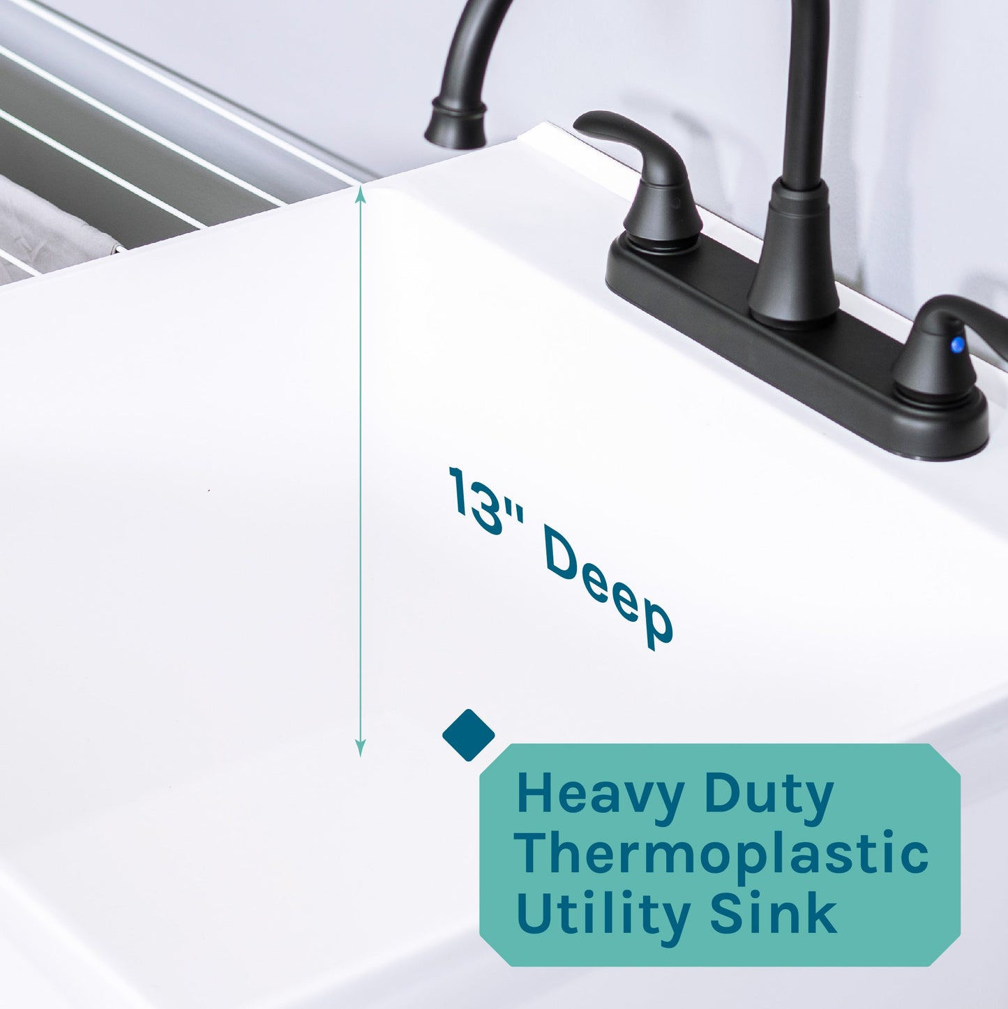 Tehila Standard Freestanding White Utility Sink with Black Legs and Black Finish Wide-set Gooseneck Faucet with Side Sprayer