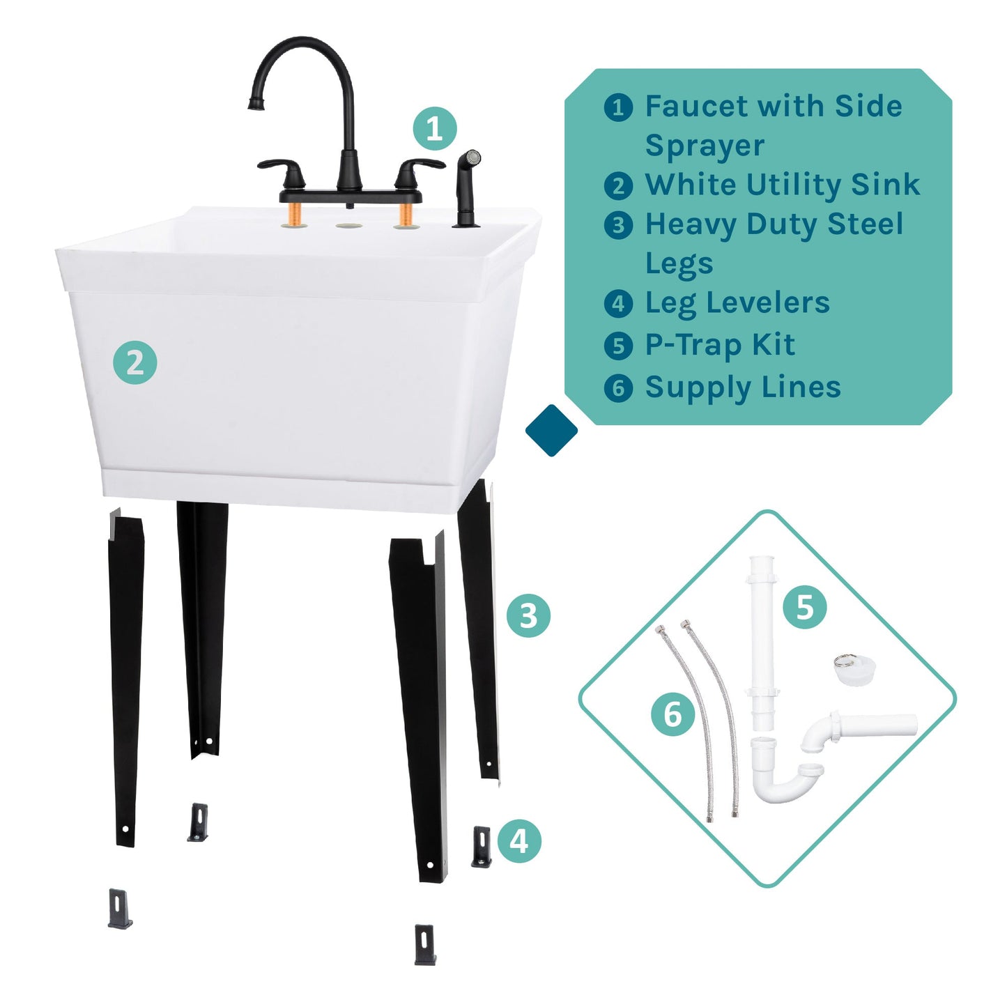 Tehila Standard Freestanding White Utility Sink with Black Legs and Black Finish Wide-set Gooseneck Faucet with Side Sprayer