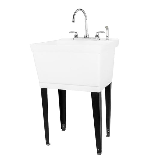 Tehila Standard Freestanding White Utility Sink with Black Legs and Chrome Finish Wide-set Gooseneck Faucet with Side Sprayer