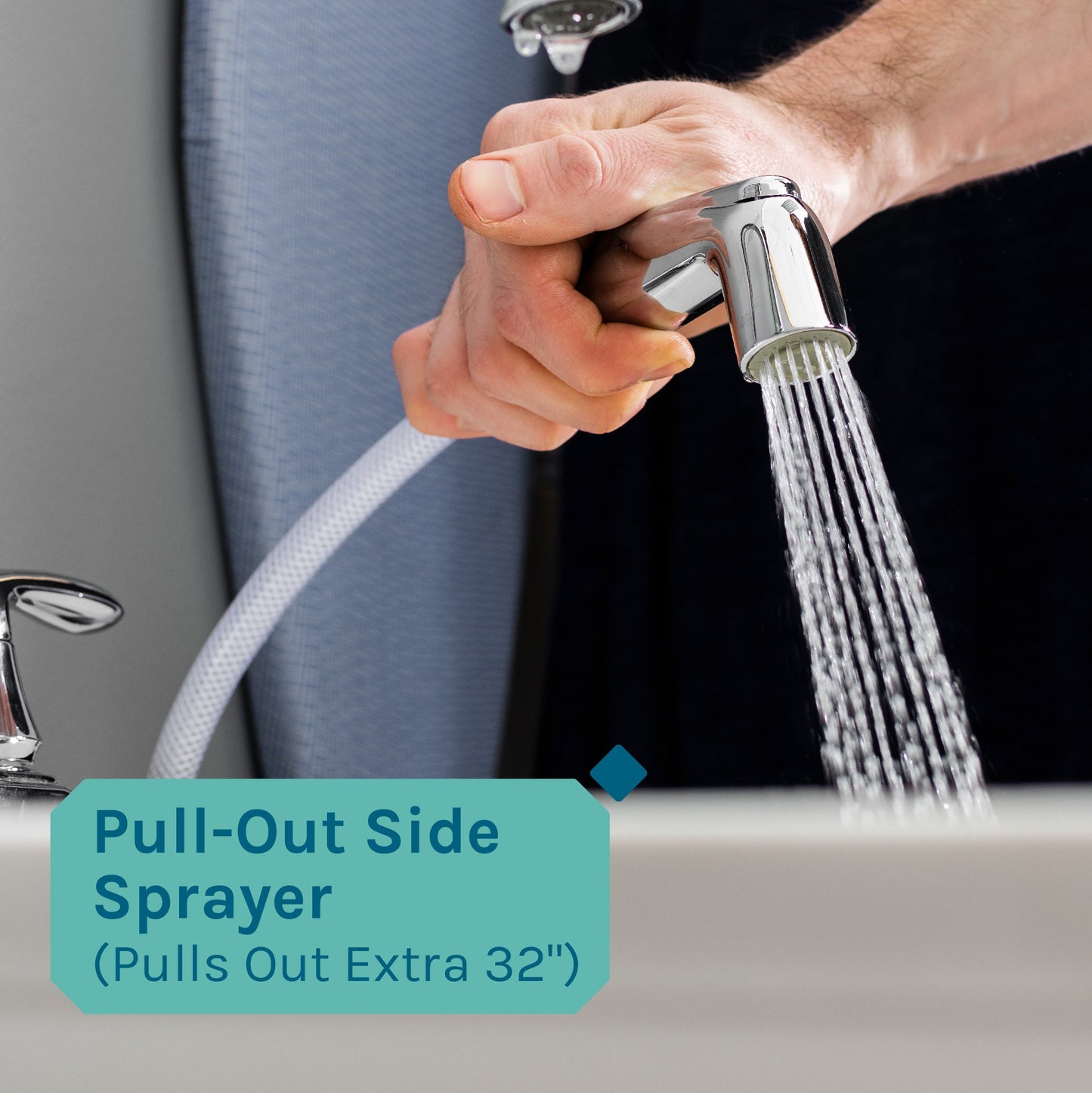 Tehila Standard Freestanding White Utility Sink with Black Legs and Chrome Finish Wide-set Gooseneck Faucet with Side Sprayer