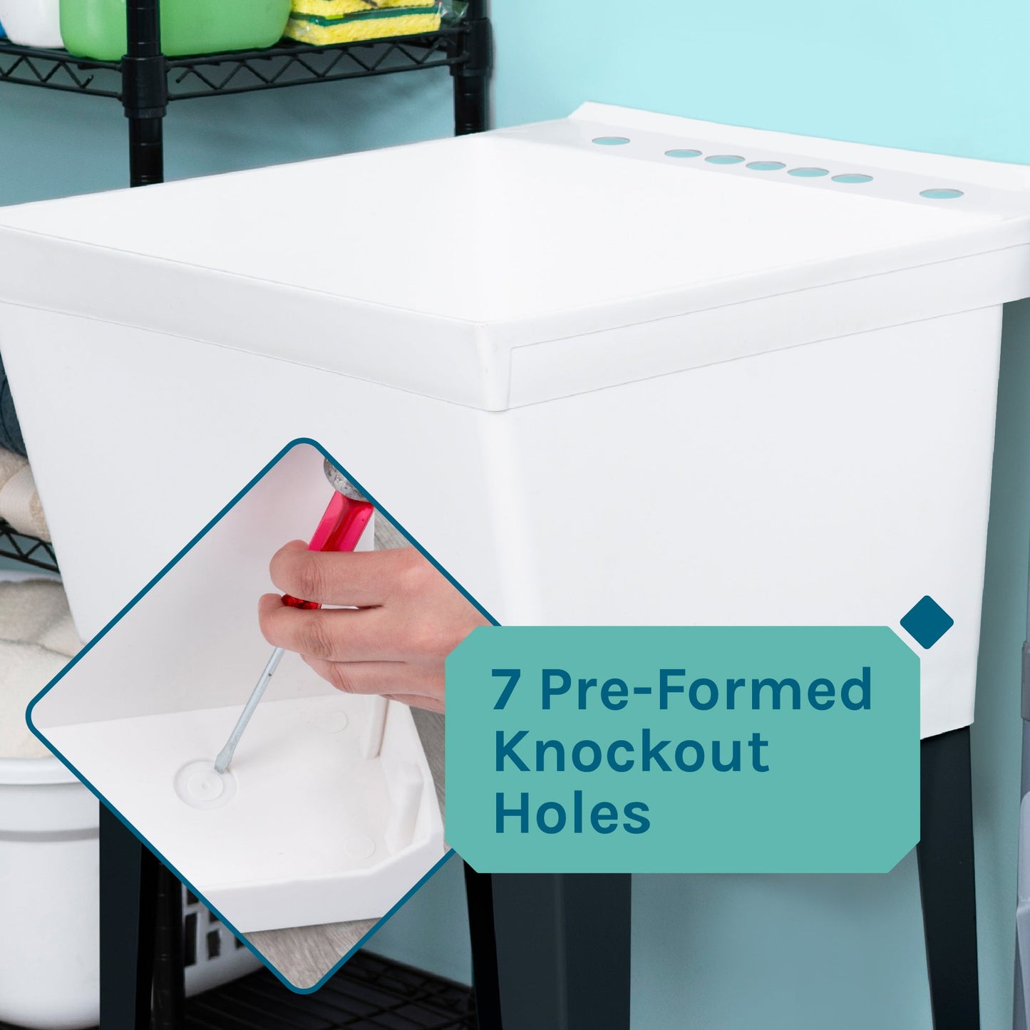 Tehila Standard Freestanding White Utility Sink with Black Legs and Chrome Finish Wide-set Gooseneck Faucet with Side Sprayer