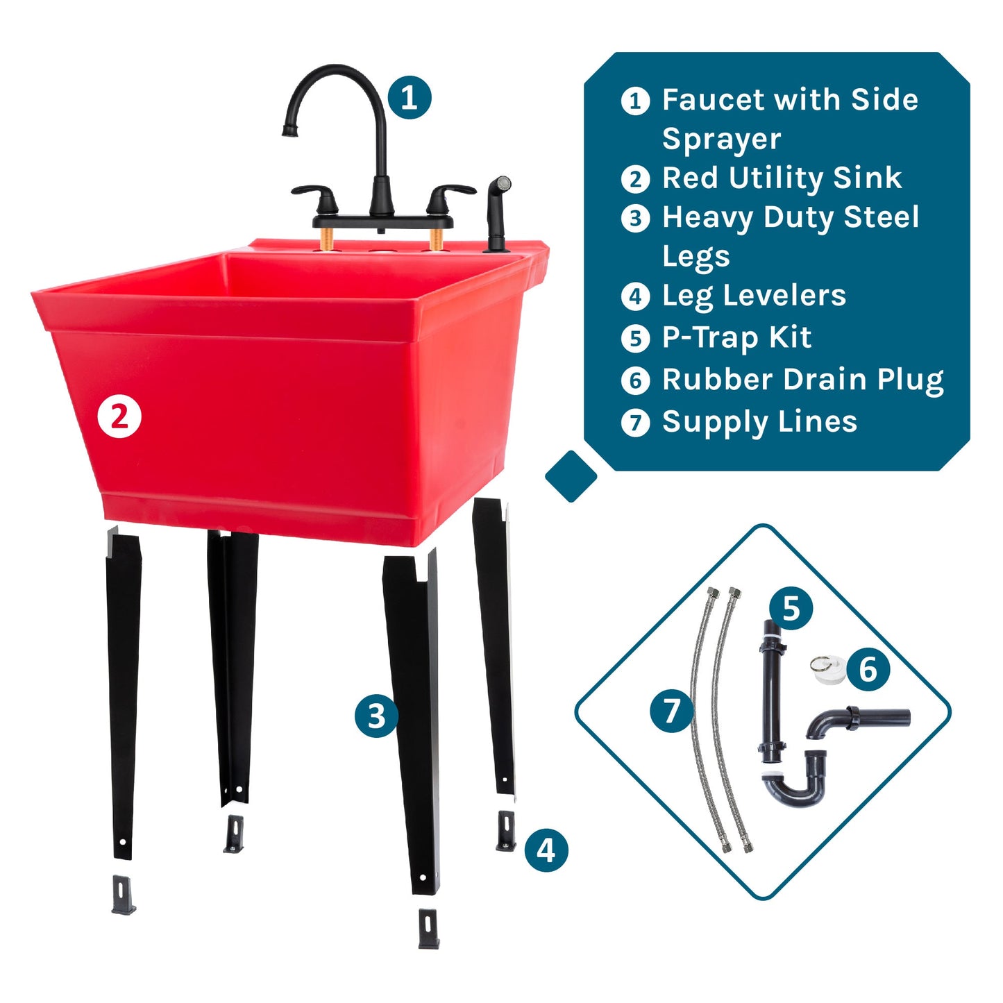 Tehila Standard Freestanding Red Utility Sink with Black Legs and Black Finish Wide-set Gooseneck Faucet with Side Sprayer