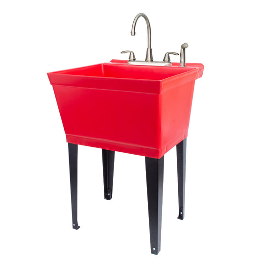 Tehila Standard Freestanding Red Utility Sink with Black Legs and Stainless Steel Finish Wide-set Gooseneck Faucet with Side Sprayer