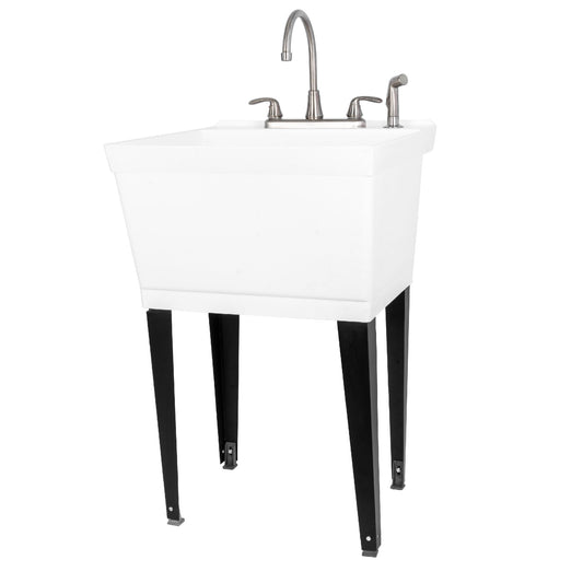 Tehila Standard Freestanding White Utility Sink with Black Legs and Stainless Steel Finish Wide-set Gooseneck Faucet with Side Sprayer