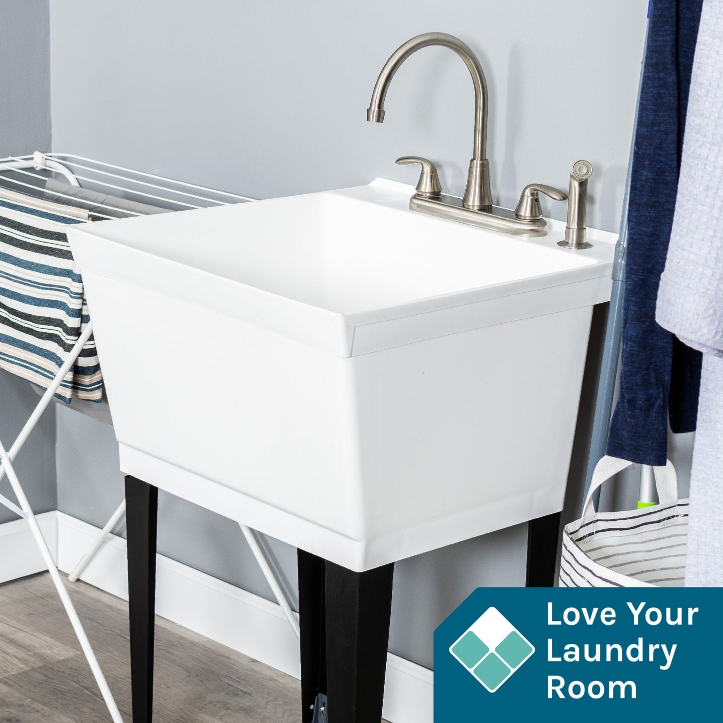 Tehila Standard Freestanding White Utility Sink with Black Legs and Stainless Steel Finish Wide-set Gooseneck Faucet with Side Sprayer