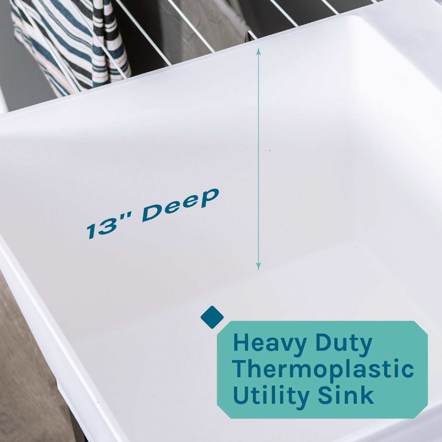 Tehila Standard Freestanding White Utility Sink with Black Legs and Stainless Steel Finish Wide-set Gooseneck Faucet with Side Sprayer