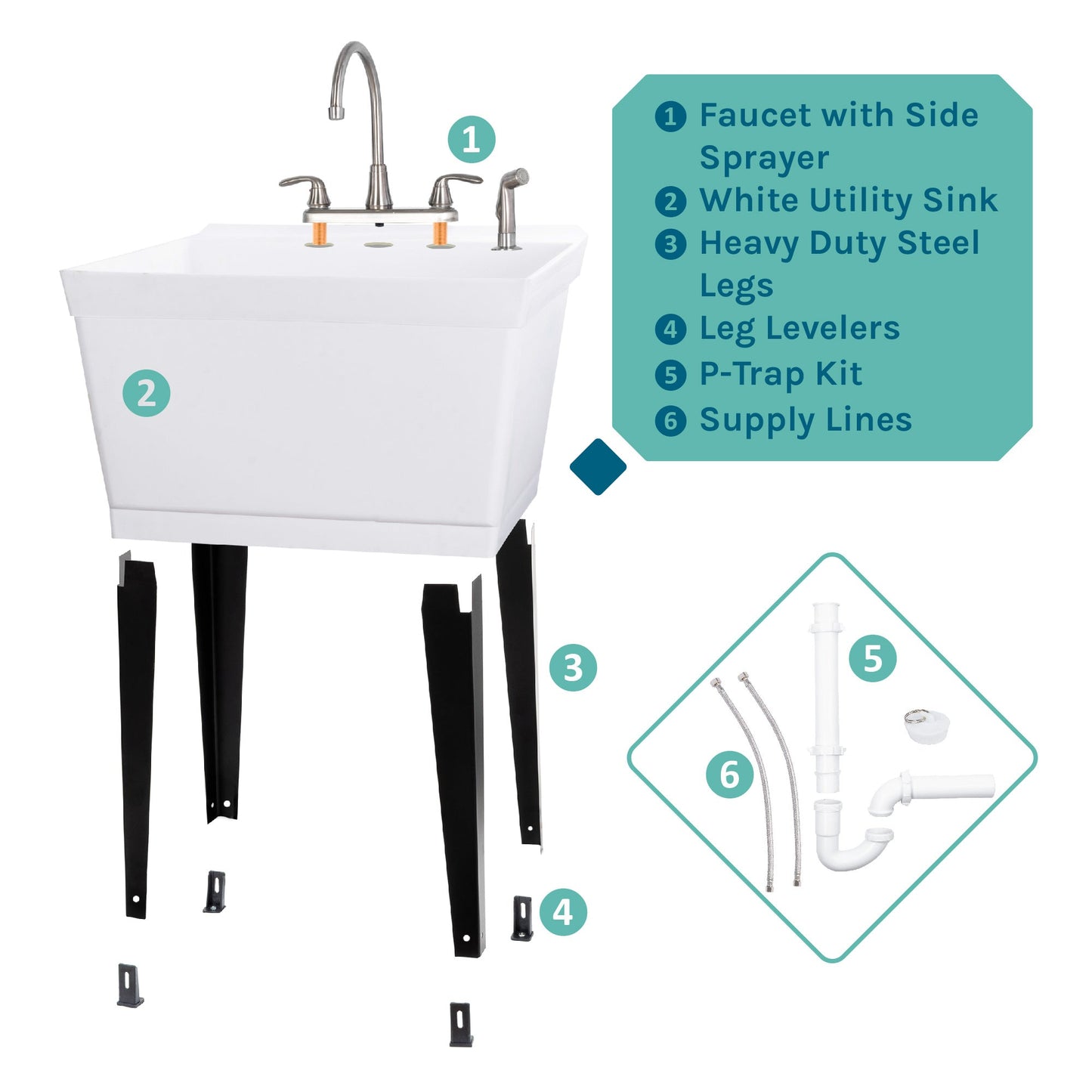 Tehila Standard Freestanding White Utility Sink with Black Legs and Stainless Steel Finish Wide-set Gooseneck Faucet with Side Sprayer