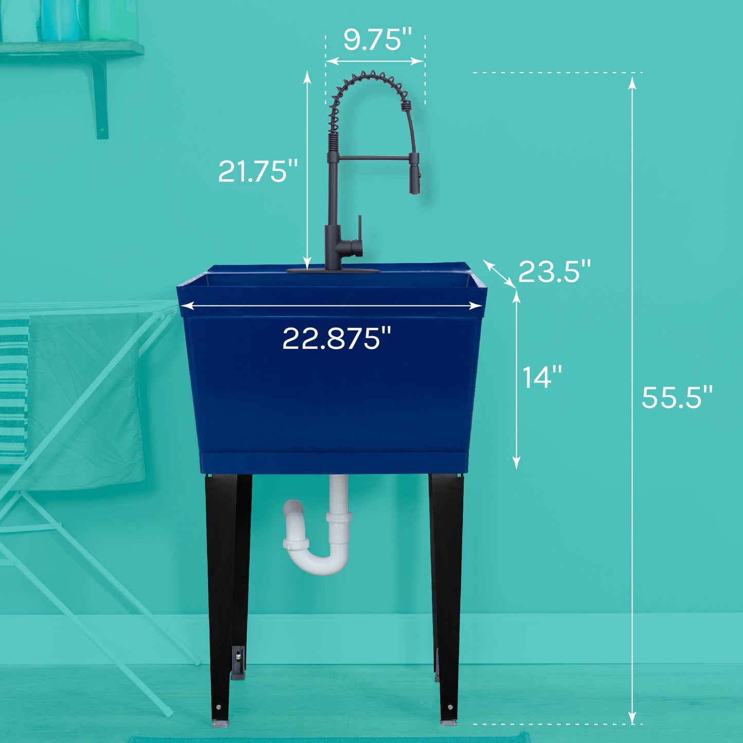 Tehila Standard Freestanding Blue Utility Sink with Black Finish High-Arc Coil Pull-Down Faucet