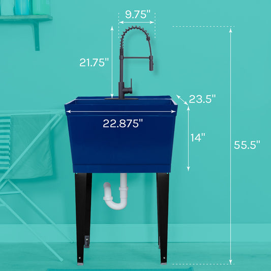 Tehila Standard Freestanding Blue Utility Sink with Black Finish High-Arc Coil Pull-Down Faucet