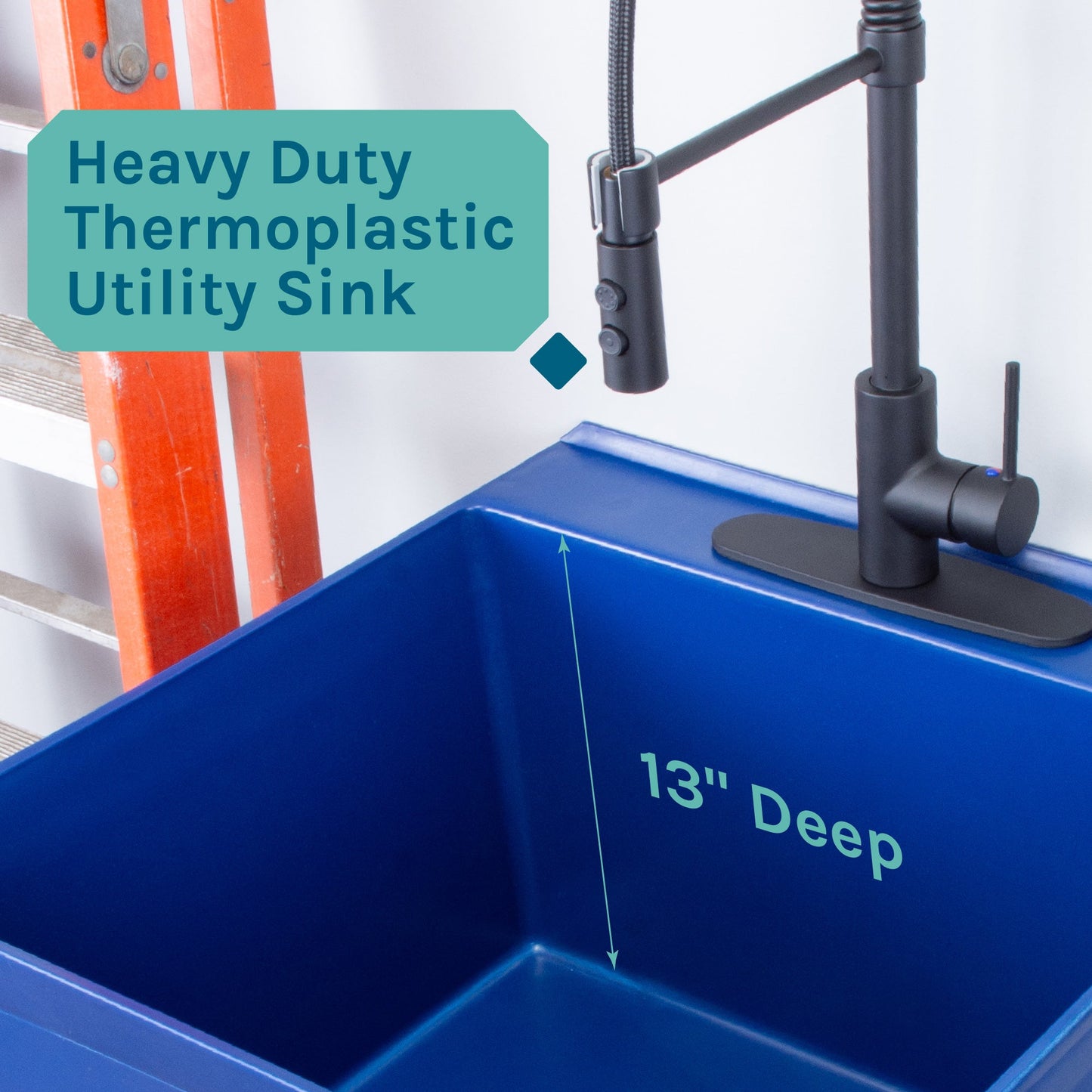 Tehila Standard Freestanding Blue Utility Sink with Black Finish High-Arc Coil Pull-Down Faucet