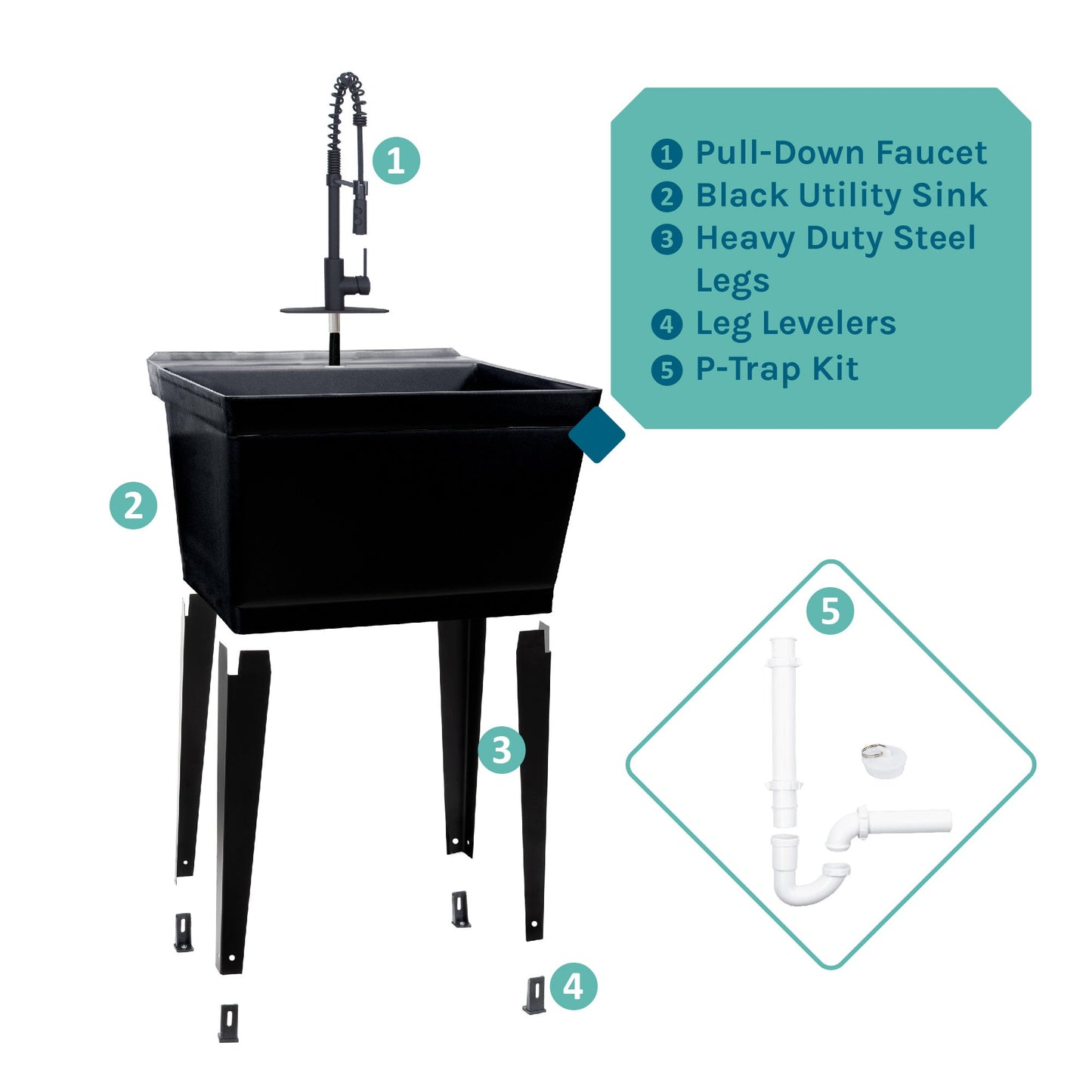 Tehila Standard Freestanding Black Utility Sink with Black Finish High-Arc Coil Pull-Down Faucet