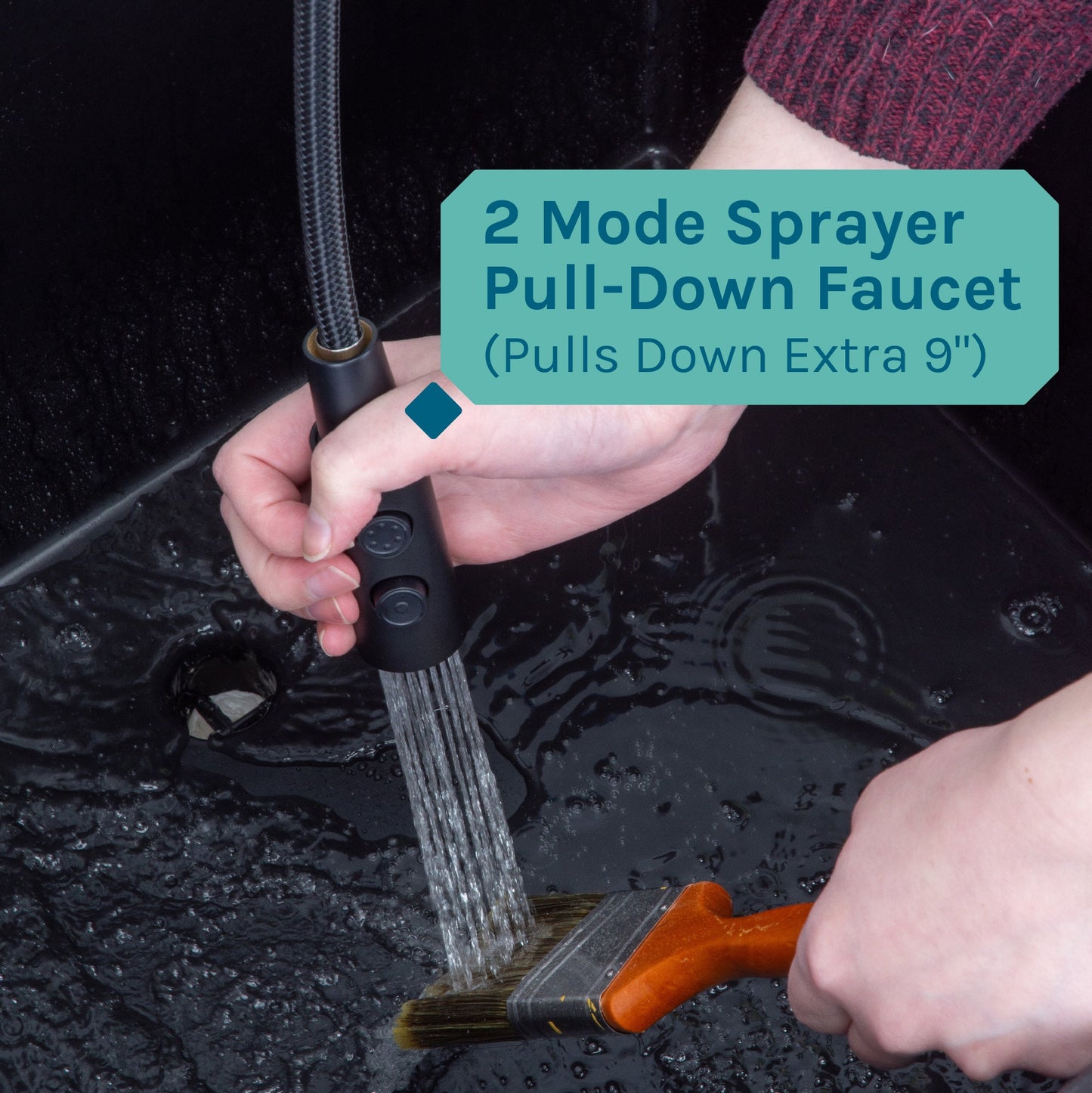 Tehila Standard Freestanding Black Utility Sink with Black Finish High-Arc Coil Pull-Down Faucet