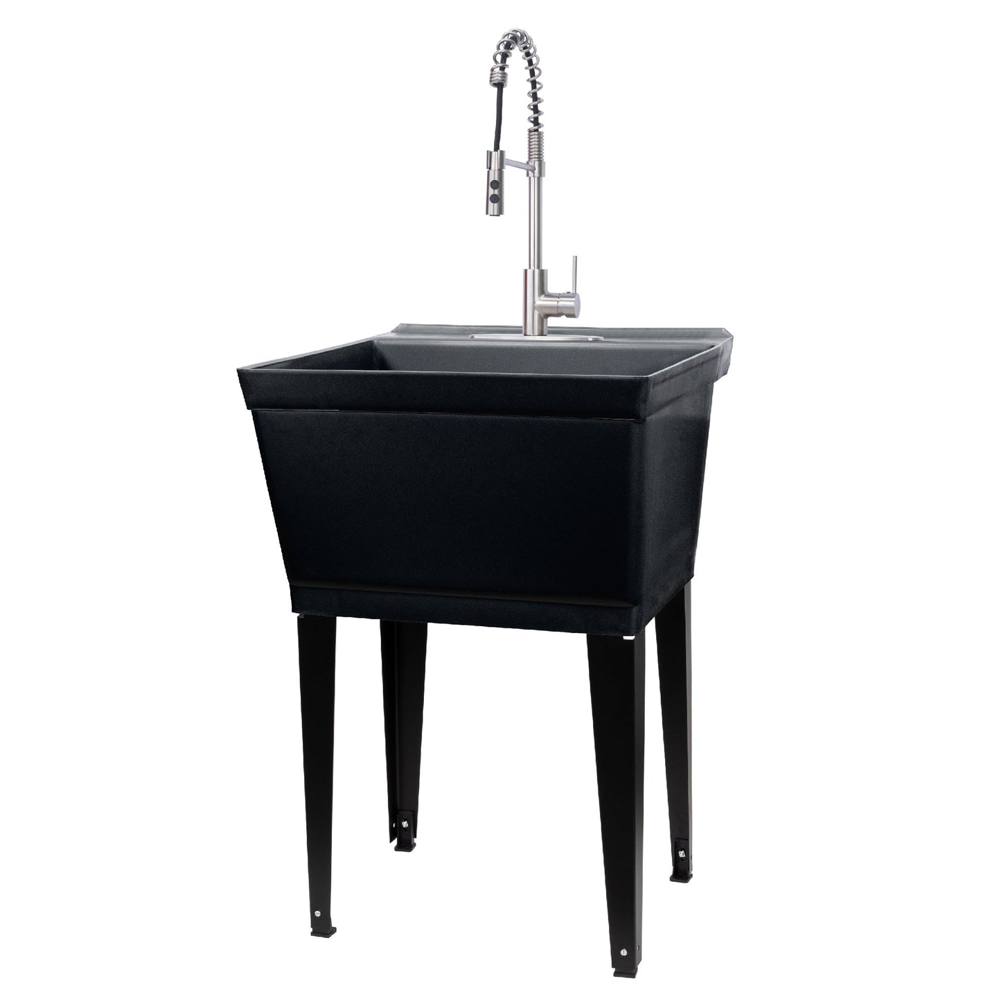 Tehila Standard Freestanding Black Utility Sink with Stainless Steel Finish High-Arc Coil Pull-Down Faucet