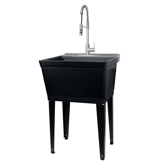 Tehila Standard Freestanding Black Utility Sink with Stainless Steel Finish High-Arc Coil Pull-Down Faucet
