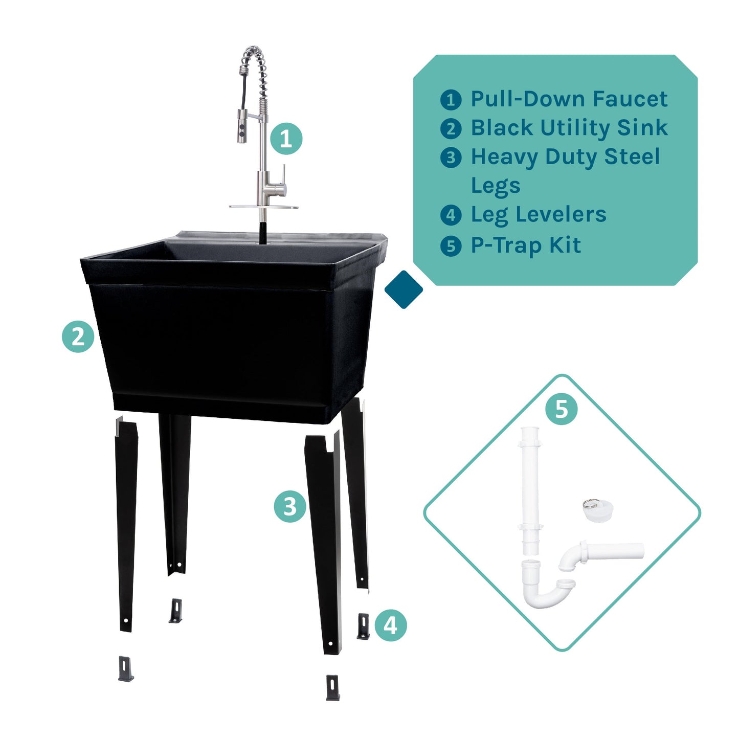 Tehila Standard Freestanding Black Utility Sink with Stainless Steel Finish High-Arc Coil Pull-Down Faucet