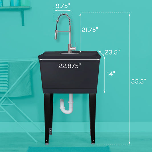 Tehila Standard Freestanding Black Utility Sink with Stainless Steel Finish High-Arc Coil Pull-Down Faucet