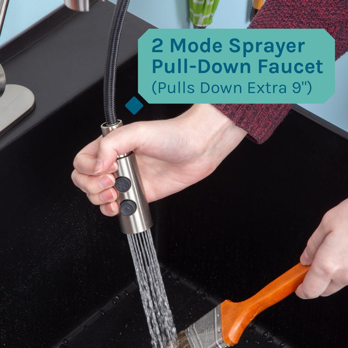 Tehila Standard Freestanding Black Utility Sink with Stainless Steel Finish High-Arc Coil Pull-Down Faucet